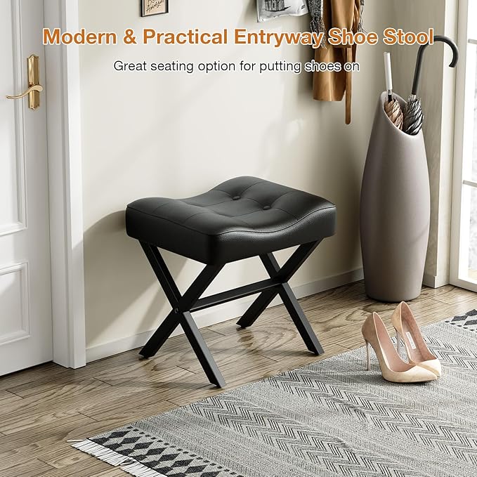 18-Inch Large Leather Vanity Stool, Vanity Chair with Metal X-Leg, Ottoman Accent Stool with Thick Padded Saddle Seat, Black