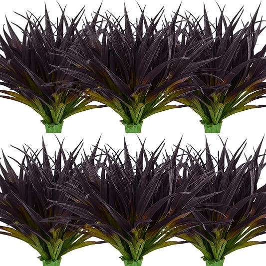 8Pcs Artificial Grass Plant Fake Outdoor Plastic Plants UV Resistant Faux Grasses Greenery Shrubs for Window Box Garden Patio Porch Home Decor Deep Purple