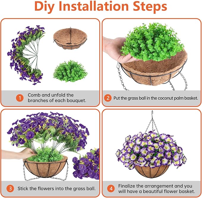 Artificial Hanging Flowers Basket, Fake Plants, Faux Silk Petunias Eucalyptus, for Spring Summer Outdoor Decoration, UV Resistant, Coconut Planter wtih Morning Glories, for Patio Garden Decor (Pruple)