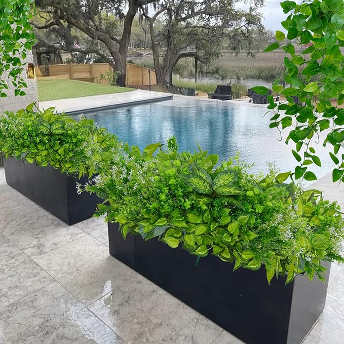 Faux Greenery for Outdoor Planters, 16 Bundles Realistic Fake Green Plastic Plants Artificial Bushes Decor Greenery for Outdoors UV Resistant for Garden Patio Porch Window Box