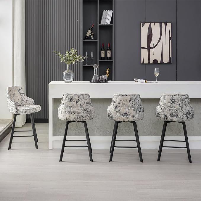 Bar Stools Set of 4, 26" Swivel Counter Height Bar Stools with High Back, Linen Kitchen Barstools Counter Height for Kitchen Island (Beige (Nautical Print), 4PCS 26" Counter Stools)