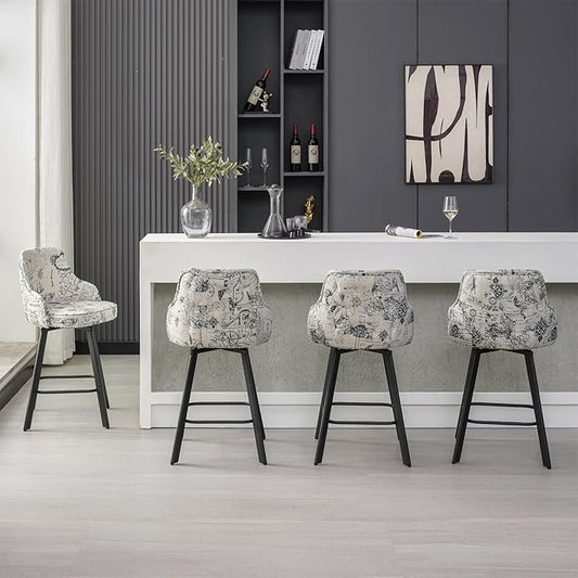Bar Stools Set of 4, 26" Swivel Counter Height Bar Stools with High Back, Linen Kitchen Barstools Counter Height for Kitchen Island (Beige (Nautical Print), 4PCS 26" Counter Stools)