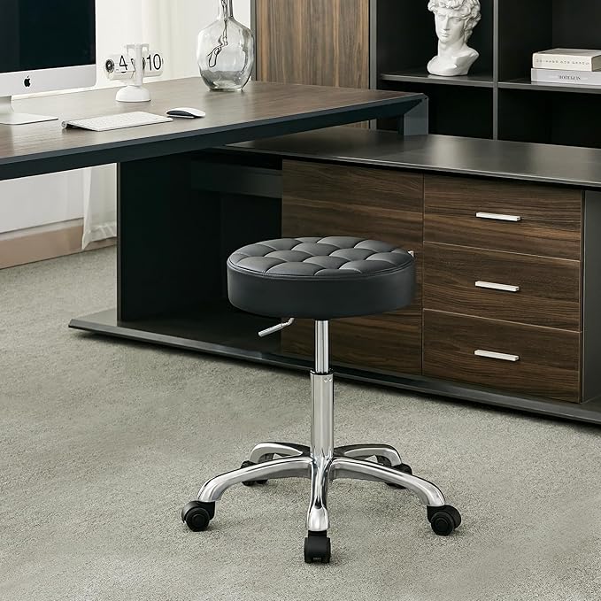 Work Stools with Wheels (300lbs Capacity) (Sturdy Aluminum Base) Black Leather Salon Stools (Black)