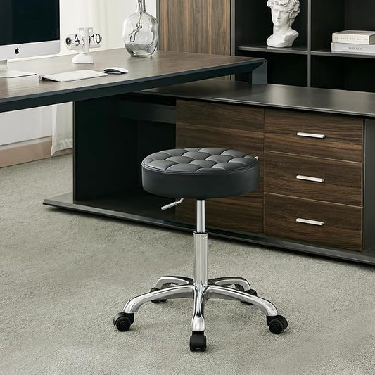 Work Stools with Wheels (300lbs Capacity) (Sturdy Aluminum Base) Black Leather Salon Stools (Black)