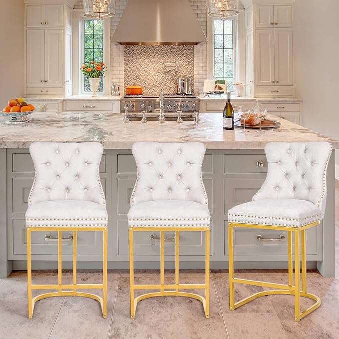 Counter Height Bar Stools Set of 2, 24" Modern Barstools with Back, Frbric Upholstery Counter Chairs with Metal Legs for Kitchen Island, Bar, Counter, White