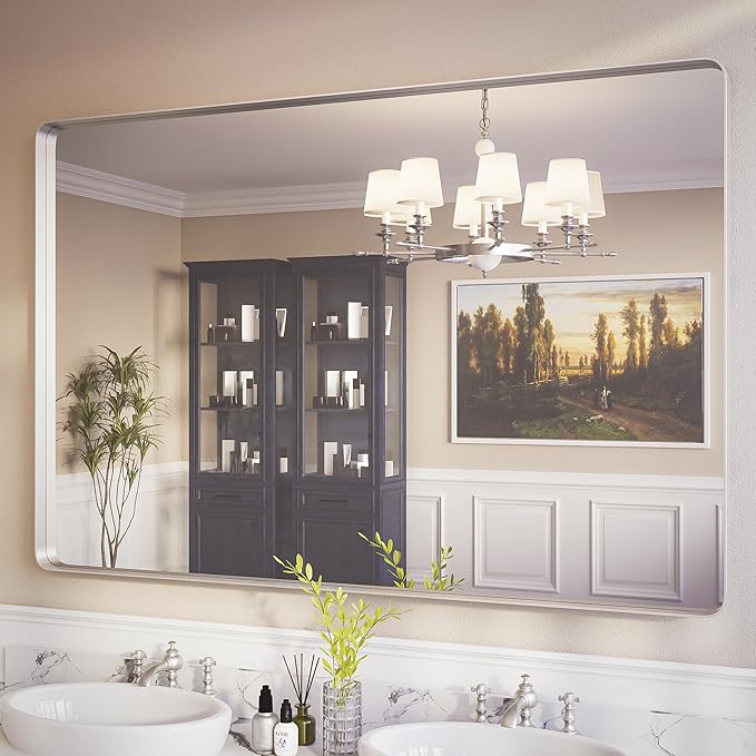 ISKM Large Sliver Metal Framed Bathroom Mirror for Wall, 60 x 40 Inch Large Vanity Mirror Wall Mounted Farmhouse Decorative for Living Room Entryway (Horizontal/Vertical)