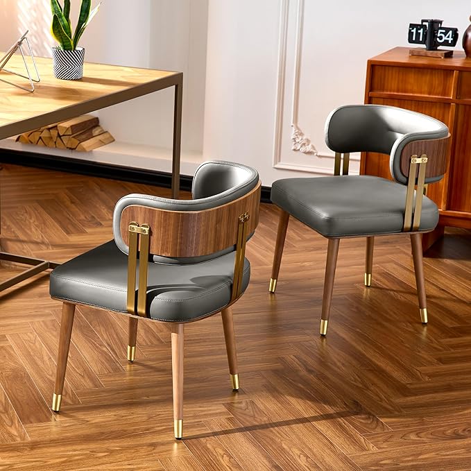 Modern Mid-Century Upholstered Leather Dining Chairs Set of 2 with Thick High-Resilience Foam, Walnut Wood Veneer,Dining Chairs with Anti-Slip Pads,Grey