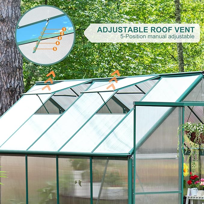 CDCASA 10.2x6.2 FT Greenhouse, Polycarbonate Greenhouses Heavy Duty Aluminum Greenhouse for Outdoors w/ Lockable Doors & 2 Vent Window Walk-in Green House Sunroom for Outside Backyard, Green