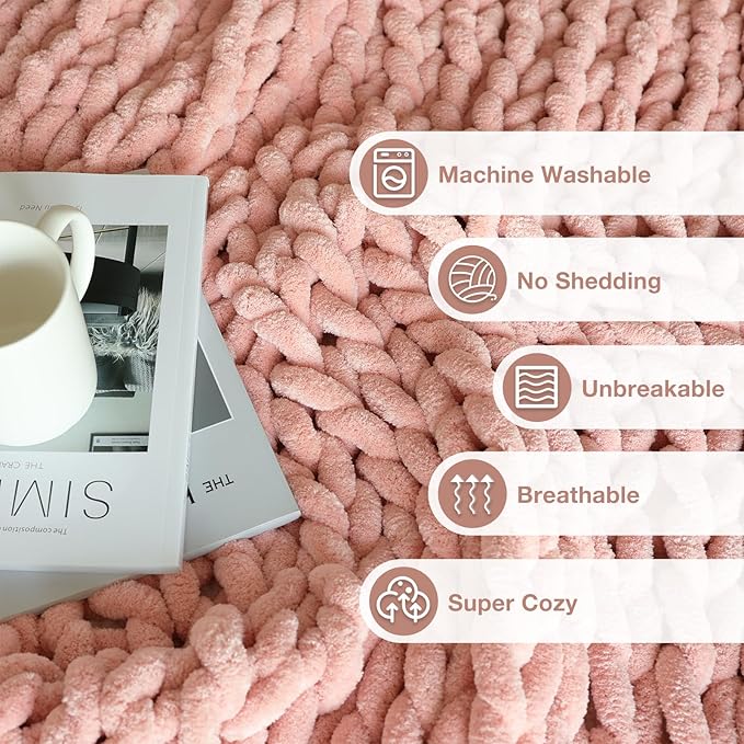 Soft Chunky Knit Blanket, 50X60 Inch Handmade Thick Chenille Yarn Throw Without Shedding & Raveling, Aesthetic & Cozy Home Decor with Couch Sofa Bed, Gift Pack, Pale Pink