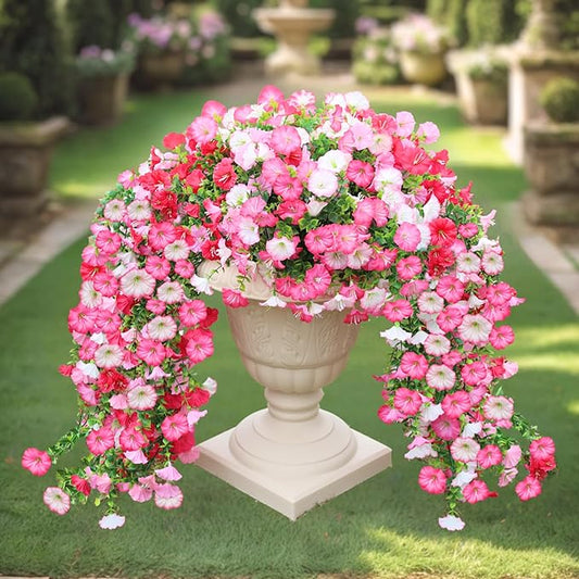 8 Pcs Artificial Hanging Flowers for Outdoor, Fake Silk Petunias Plants Arrangement, for Spring Summer Outdoor Decoration, UV Resistant, Morning Glorias, for Home Garden Decor (Dark Pink&White)