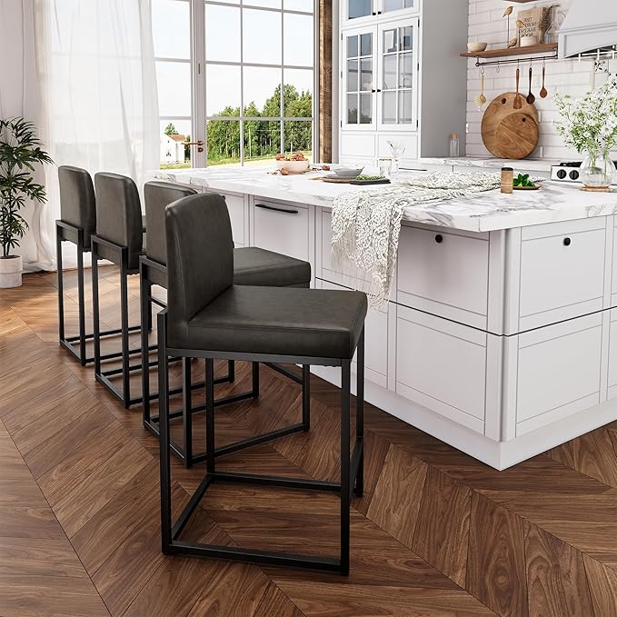 ALPHA HOME 24 Inch Bar Stools Set of 4 Kitchen Counter Stools with Back Pu Leather Counter Chair Counter Height Bar Stools with Upholstered Footrest Sturdy Chromed Metal Steel Frame, Grey