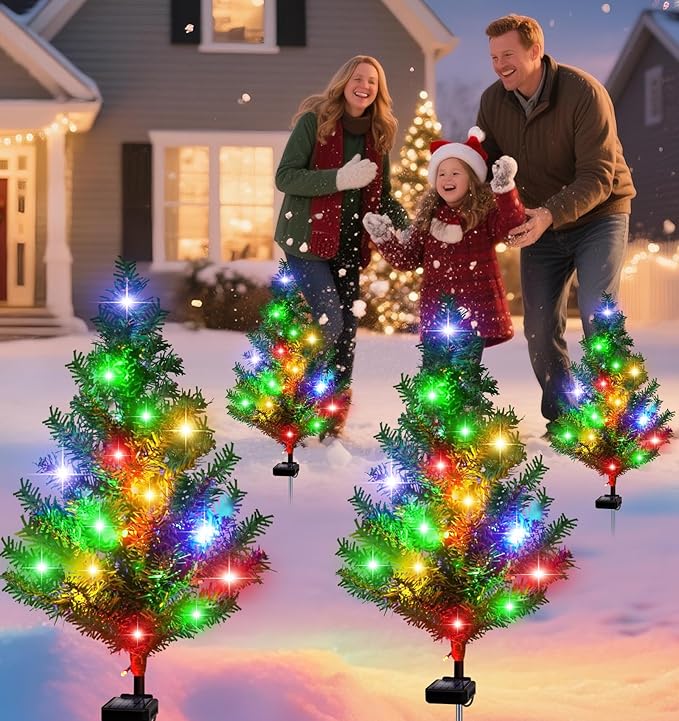 Solar Christmas Tree Outdoor Decor, Waterproof Solar Xmas Decorations Garden Stake Lights, Multi-Color LED Artificial Prelit Christmas Décor for Outside Landscape Pathway Porch Yard Holiday (4 pcs)