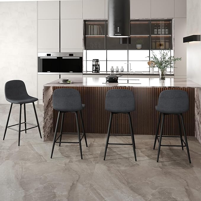 Modern Bar Stools Set of 2,Grey Techno-Fabric Counter Height Bar Stools,24.6" Bar Chairs with Back Metal Footrest,Modern Counter Stool with Back and Footrest for Kitchen Island Restaurants Pubs