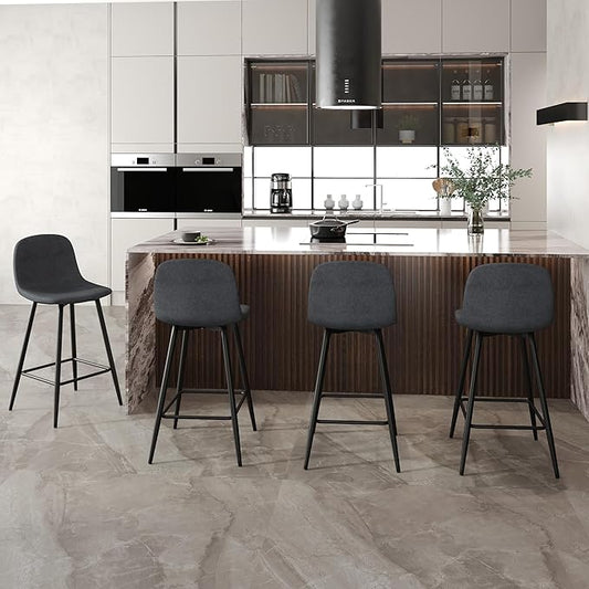 Modern Bar Stools Set of 4,Grey Techno-Fabric Counter Height Bar Stools,24.6" Bar Chairs with Back Metal Footrest,Modern Counter Stool with Back and Footrest for Kitchen Island Restaurants Pubs