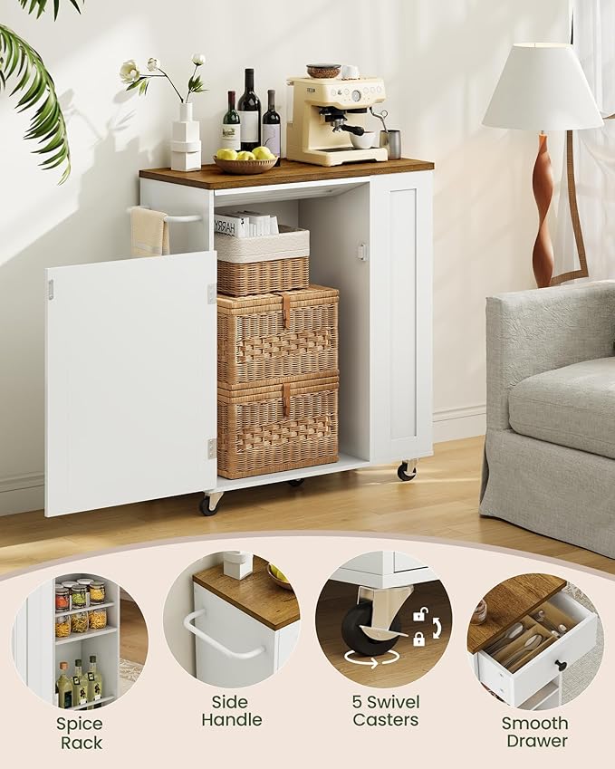 Kitchen Island Cart with Storage, Kitchen Cabinet, Mobile Kitchen Island, Storage Trolley for Kitchen with Hidden Trash Bin Cabinet, for Dining Room, White and Walnut MZD06WL