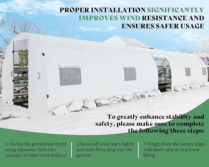 AMERLIFE 44x10x7.5 FT Tunnel Greenhouse for Outdoors, Large Walk-in Greenhouse kit with Galvanized Steel Frame, Swing Door & Premium PE Cover, White