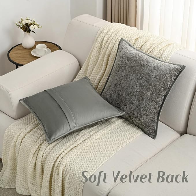 FUTEI Grey Chenille Throw Pillow Covers 18x18 Inch Set of 2,Soft Cozy Bound Edge Design Cushion Case,Home Decor for Couch Bed Living Room