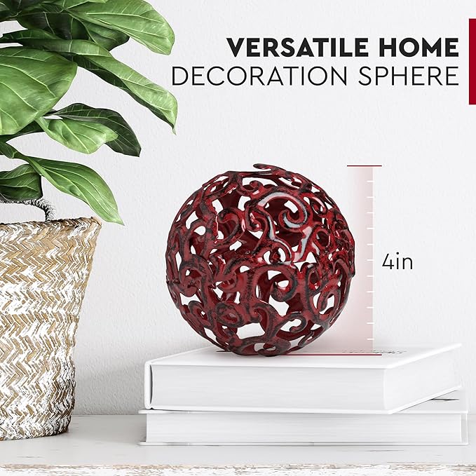 Everydecor Metal Decorative Sphere for Home Decor - Decorative Balls for Shelves, Centerpiece Bowls, Bookshelf - Decoration Orbs Accents for Living Room, Bedroom - Fancy Red Shelf Spheres