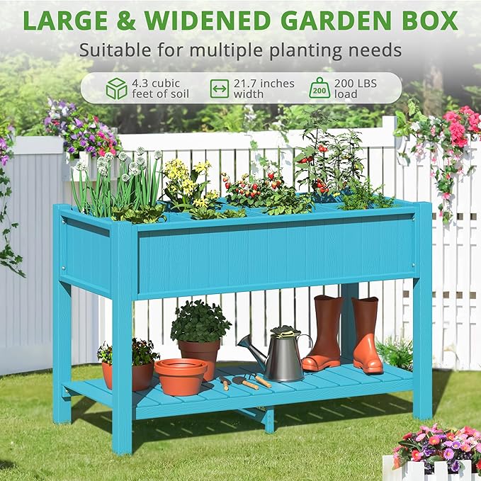 LUE BONA Elevated Planter Box with Legs and Shelf, 47 * 21 * 30in, 8 DIY Pocket HDPS Raised Garden Bed with Tools, 3-Year Warranty, No Crack, Large Outdoor Herb Raised Beds for Gardening Vegetables