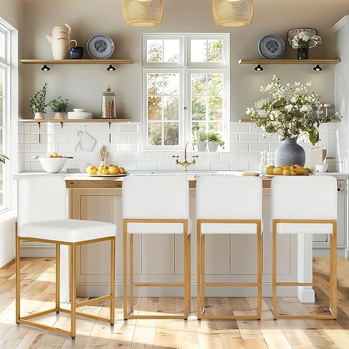 PHI VILLA Bar Stools Set of 4 - Bar Stools with Back Leather Stools for Kitchen Counter, White and Gold Counter Height Bar Stool