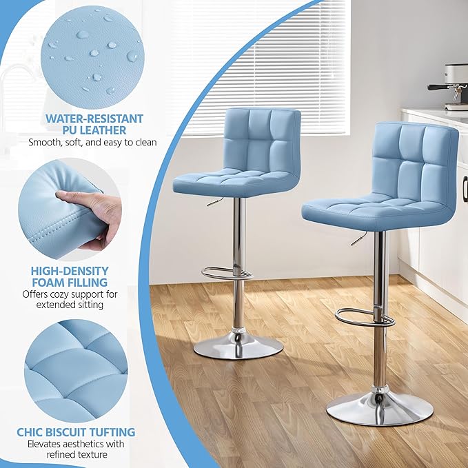 Yaheetech Bar Stools Set of 4, Adjustable PU Leather Swivel Barstools, Modern Counter Stools with Back and Footrest, Counter Height Barstools for Bar, Kitchen, Dining Room, Blue