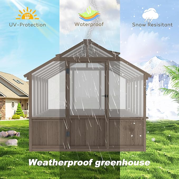 8x12 FT Greenhouse Kit with 6MM Thick Polycarbonate Panel for Outdoor, Wooden Walk-in Green House with Adjustable Roof Vent and Lockable Door, Backyard, Garden, Light Mocha Brown