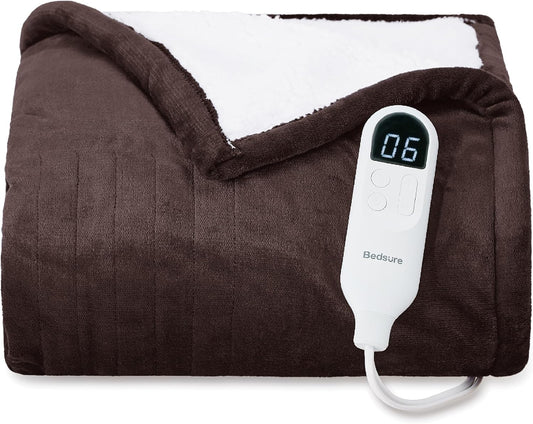 Bedsure Heated Blanket Throw Blanket - Fast Heating Electric Blanket, Soft Flannel Heated Throw with 4 Time Settings, 6 Heating Settings, Warm Gifts for Grandma Granpa (50x60 inches, Brown)