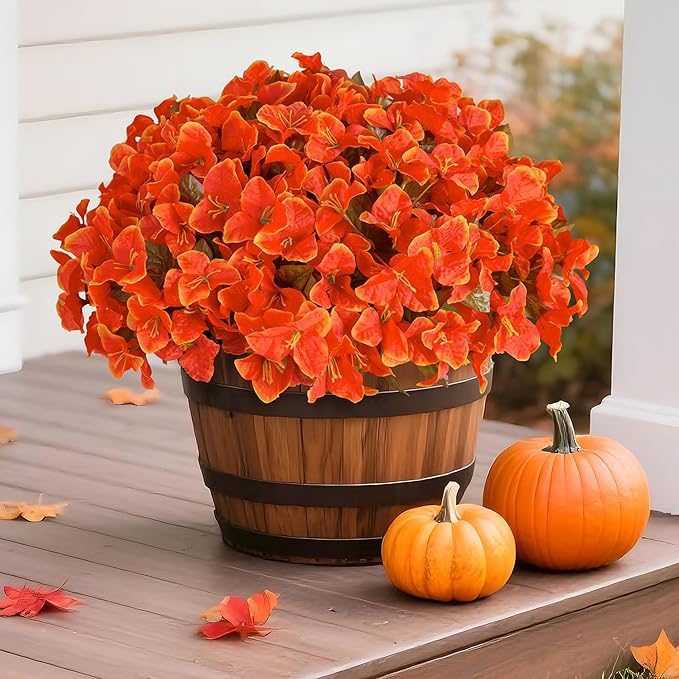 Ivydale Artificial Fall Flowers for Outdoors, 4 Bundles Faux Silk Bougainvillea Flower Plants Fake Outdoor Flowers for Planter Patio Porch Window Garden Home Decoration, Fall Orange