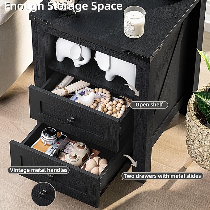Nightstand with Charging Station, Farmhouse Night Stand with 2 Drawers and Shelf Storage, Wooden Side End Table, Bedside Cabinet for Bedroom, Living Room, Closet, Office (Black)