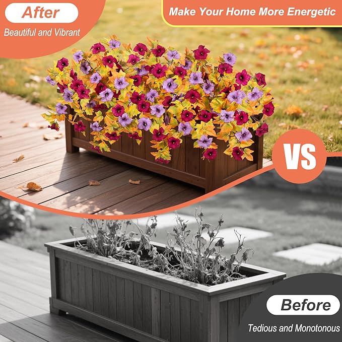 Fall Flowers Artificial for Decoration Fake Petunias Plants for Outdoor, 2PCS Autumn Silk Faux Flower UV Resistant No Fade Floral for Garden Balcony Yard Porch Realistic Indoor Decor (Burgundy Purple)