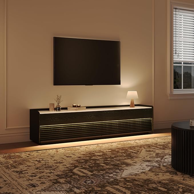 POVISON Fully-Assembled Mid Century Glossy Sintered Stone TV Stand, 78.74" Wood Media Console with Adjustable LED Light, Entertainment Center with Storage for Living Room