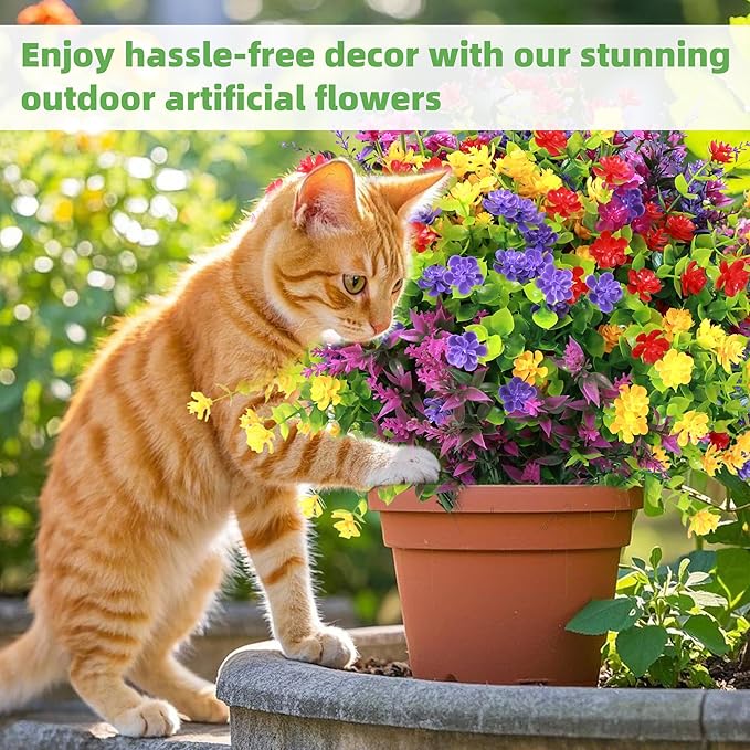 24 Bundles Artificial Flowers for Outdoors UV Resistant, Artificial Flowers Outdoor Decoration, No Fade Faux Fake Flowers Greenery Shrub Plants for Garden Home Front Porch Window Hanging Decor