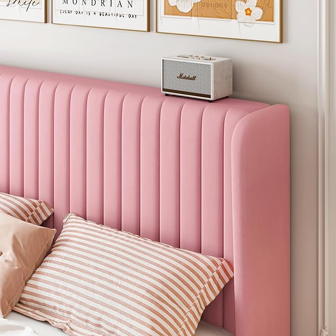 SHA CERLIN Queen Size Velvet Bed Frame with Vertical Channel Tufted Wingback Headboard, Upholstered Platform Bed with Wood Slats, No Box Spring Needed, Easy Assembly, Pink