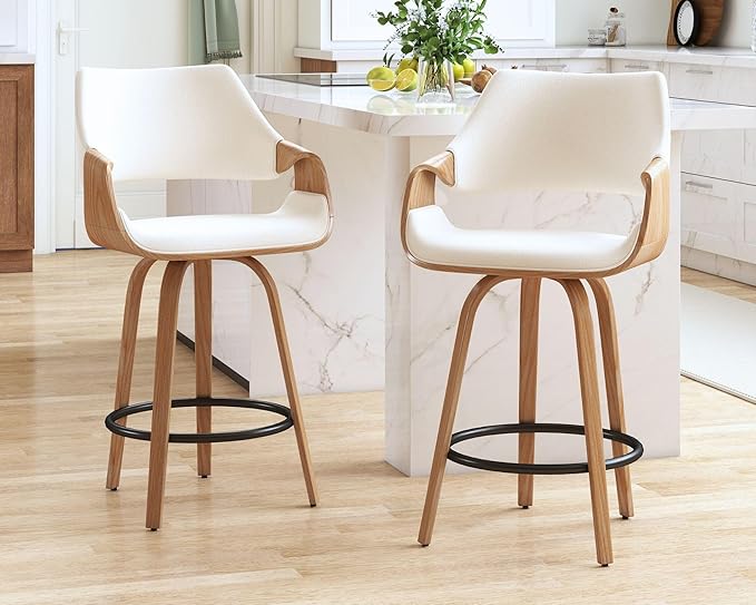26 Inch Modern Barrel Swivel Counter Stools Counter Height Swivel Bar Stools with Backs Set of 2, Cream Linen Upholstered Bar Height Island Chairs, Farmhouse Solid Wood Barstools for Kitchen Island