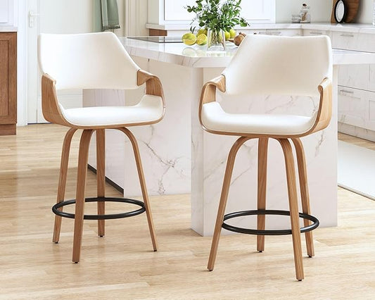 26 Inch Modern Barrel Swivel Counter Stools Counter Height Swivel Bar Stools with Backs Set of 2, Cream Linen Upholstered Bar Height Island Chairs, Farmhouse Solid Wood Barstools for Kitchen Island