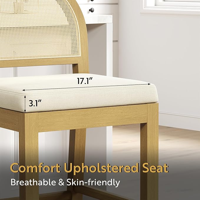 STHOUYN Upholstered Rattan Bar Stools Set of 4, Wooden Counter Height Stools with Natural Rattan Woven Back and Chenille Seat, Mid-Century Modern Island Chairs Barstools for Kitchen (4, Cream White)