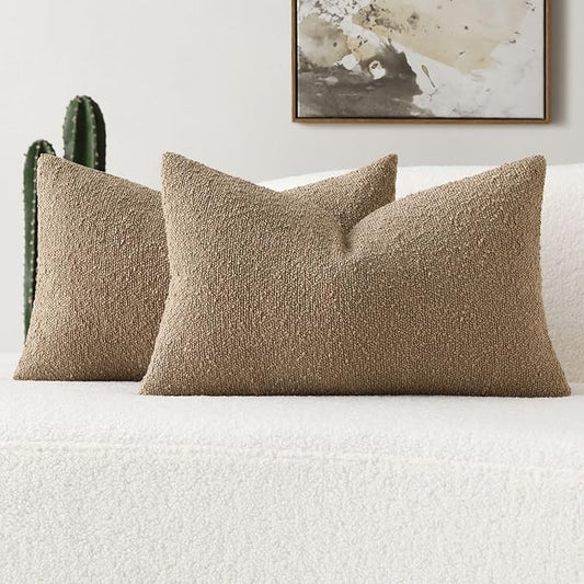FUTEI Pack of 2 Khaki Decorative Throw Pillow Covers 12x20 Inch Soft Cozy Solid Boucle Textured Lumbar Pillow Cases,Modern Home Decor for Couch Bed Living Room