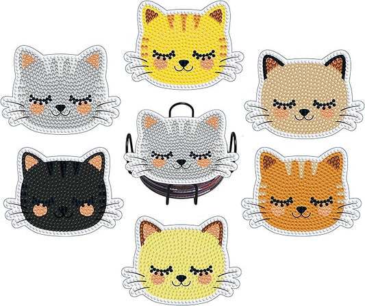 8 PCS Cat Diamond Art Coasters Kits, Diamond Painting Coasters with Holder Set of 8, DIY Drink Coasters Art Crafts Supplies for Adults Cup Mat for Home Decor House Warming Gifts Non-Slip 3.9inch