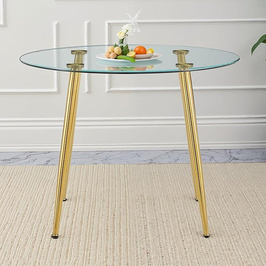 Dining Room Table for 4 Modern Dining Table 40" Round Glass Dining Table with Metal Legs and Non-Slip Foot Pad for Dining Room and Kitchen, Golden