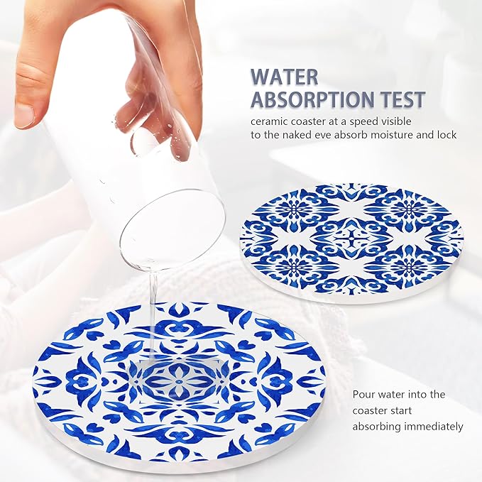 Drink Coasters Set of 6 with Holder, Handpainted Blue Pattern Absorbent Ceramic Coasters with Cork Base,Fit All Cups,Great Gift for Housewarming,Room Decor,Bar,Holiday Party