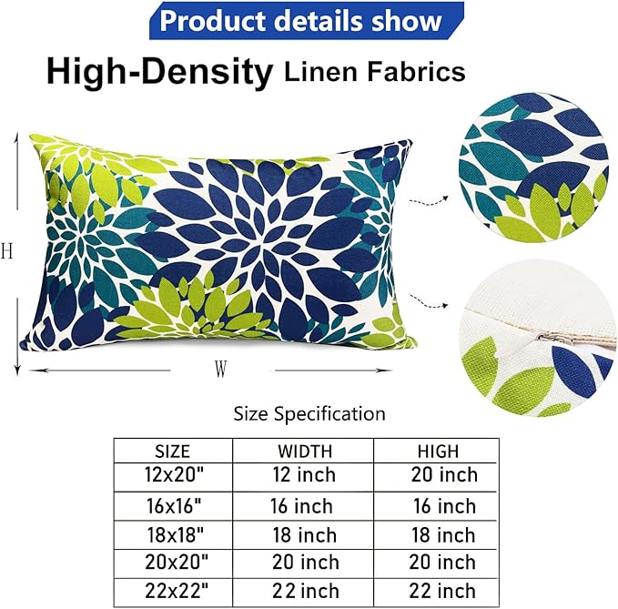 Decorative Throw Pillow Covers Set of 2 Blue Green Pillow Covers 12x20 Inch Couch Pillow Covers for Sofa Living Room Outdoor Throw Pillow Cover Linen Floral Flower Farmhouse Pillowcase
