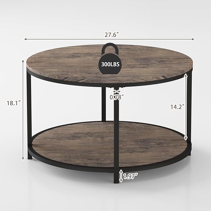 NSdirect Round Coffee Table, 27.5" Small Coffee Table for Living Room,2-Tier Rustic Wood Desktop with Storage Shelf Modern Design Home Furniture(Light Walnut)