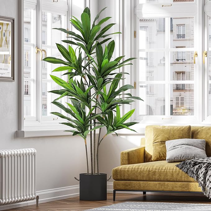 VIAGDO Dracaena Silk Plant Artificial 6ft Faux House Plants Evergreen Dracaena Marginata Fake Yucca Palm Trees in Pot Realistic Dragon Tree for Living Room Home Office Decor Indoor Outdoor
