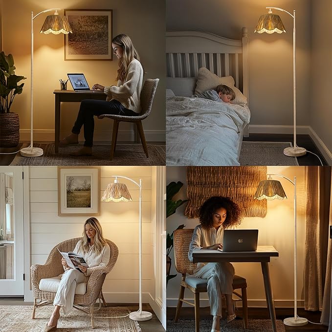 Oneach Farmhouse Floor Lamps for Living Room, Boho Floor Lamp for Bedroom with Foot Switch, Rattan Floor Lamp for Reading with Hand-Woven Shade, Antique White Metal Base & Pole