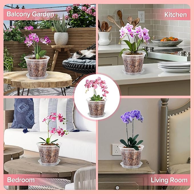 Orchid Pot, 6 Pack 5 Inch Clear Orchid Pots with Holes and Saucers for Repotting, Breathable Slotted Plastic Orchid Planters with Drainage for Root Health Indoor Outdoor (5 Inch)
