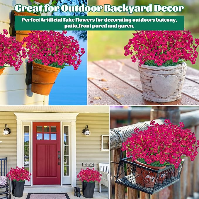 Lnoicy 12 Pcs Artificial Flowers for Outdoor,Plastic Flowers Decoration, UV Resistant Faux Flowers Shrubs, Artificial Plants for Indoor Outside Garden Home Wedding Farmhouse（Rose Red）