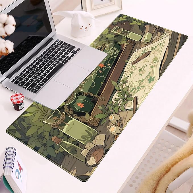 Cute Green Plants Desk Mat Anime Sage Mouse Pad Gaming Desk Pad XL, Kawaii Aesthetic Laptop Computer Keyboard and Mouse Mat, Desktop Decor Accessories Mousepad for Girl Women Office 31.5"x11.8"