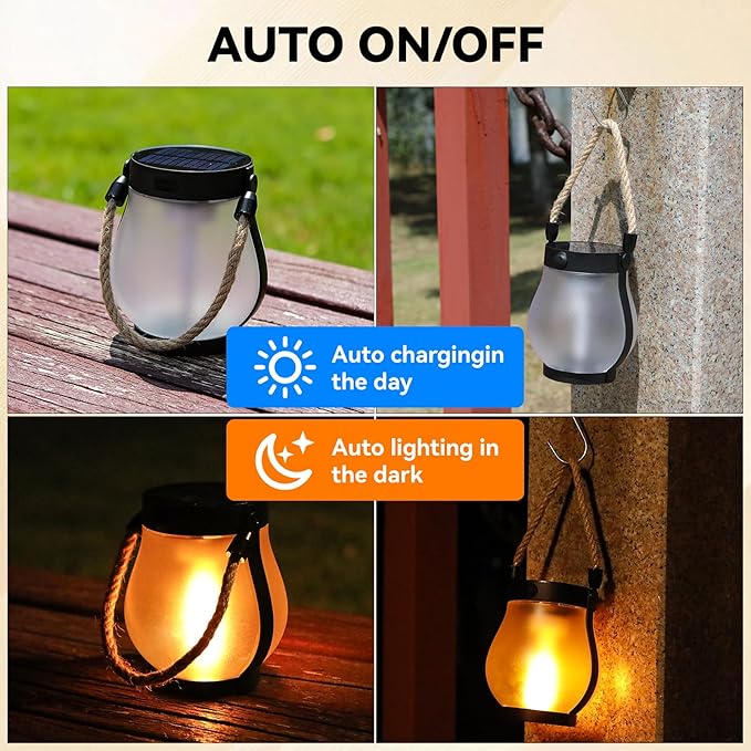 Solar Lanterns Outdoor Waterproof, 2 Pack Dancing Flame Solar Lantern Outdoor Lights, USB/Solar Powered Hanging Outdoor Lanterns Decorative for Outside Porch Yard Garden Patio Decor