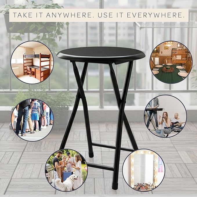 Folding Stool - Backless 18-Inch Stool with 225lb Capacity for Kitchen or Rec Room - Portable Indoor Counter Bar Stools by Lavish Home (Black)