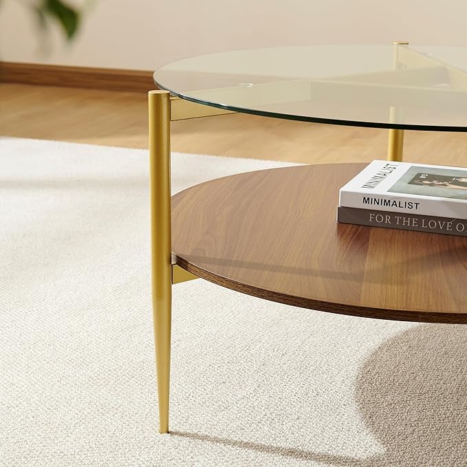 Round Coffee Table, Mid-Century Modern Design, D30*H17 inch, for Living Room, 2-Tier Structure, Clear Glass Top and Walnut MDF Shelf, Sleek Conical Metal Legs with Gold Finish